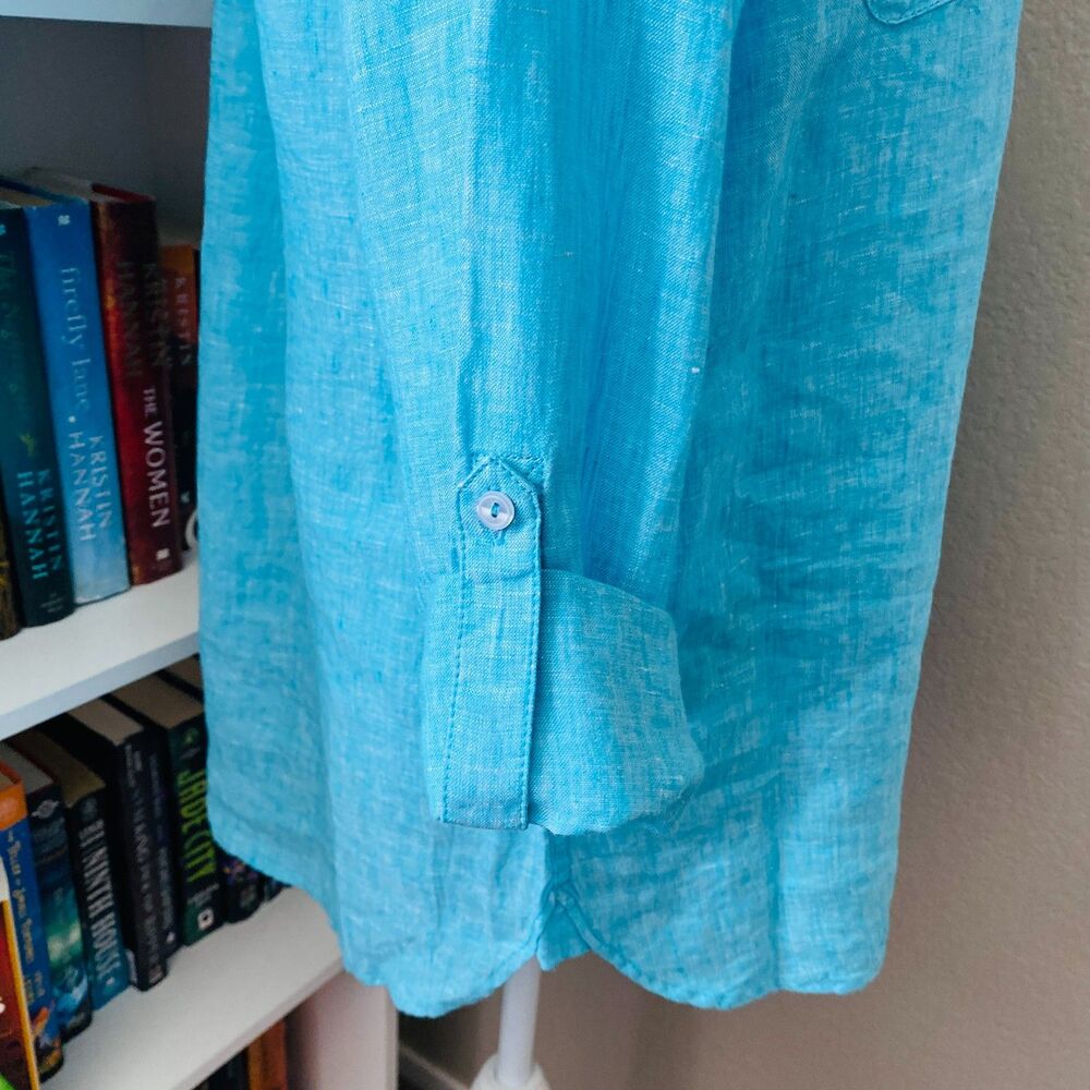 Talbots Turquoise Button‑Front Casual Top 100% Linen Shirt Size Medium - Picture 4 of 7